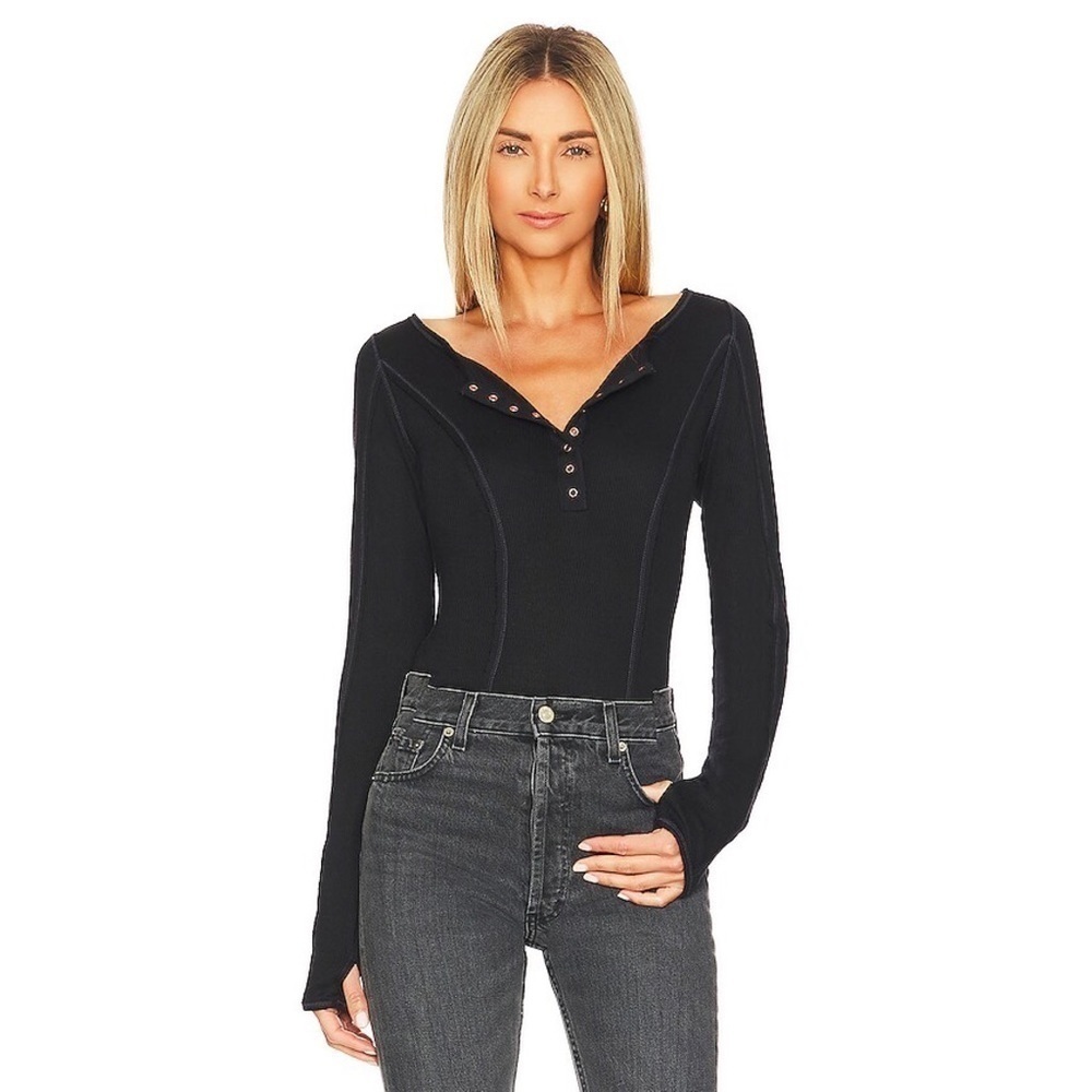Free People Sloane Black Henley Bodysuit Raw Seam Thumbhole Jersey M Y2K Indie